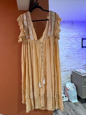 Free People Peach Midi Dress with Embroidered V-Neck